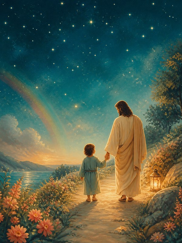 Jesus guiding a child beneath a rainbow and starry sky