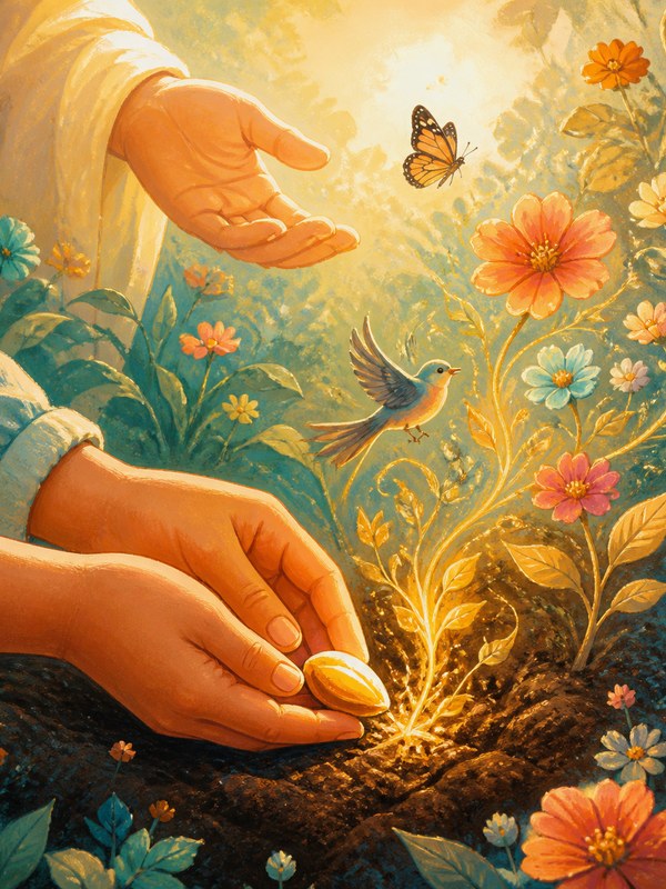 Hands nurturing a glowing seed in a colorful garden