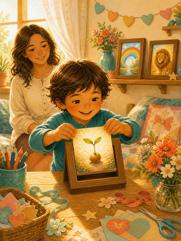 A joyful child displaying three framed promise keepsakes with symbols of Trust, Purpose and Courage
