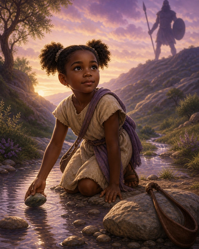 Maya choosing a stone with courage
