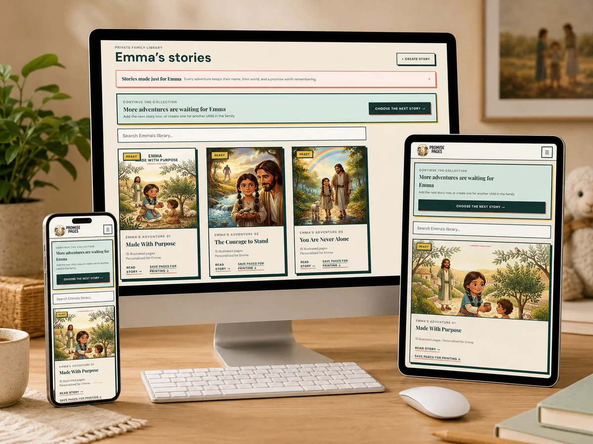 Promise Pages private family library shown on computer, tablet and phone
