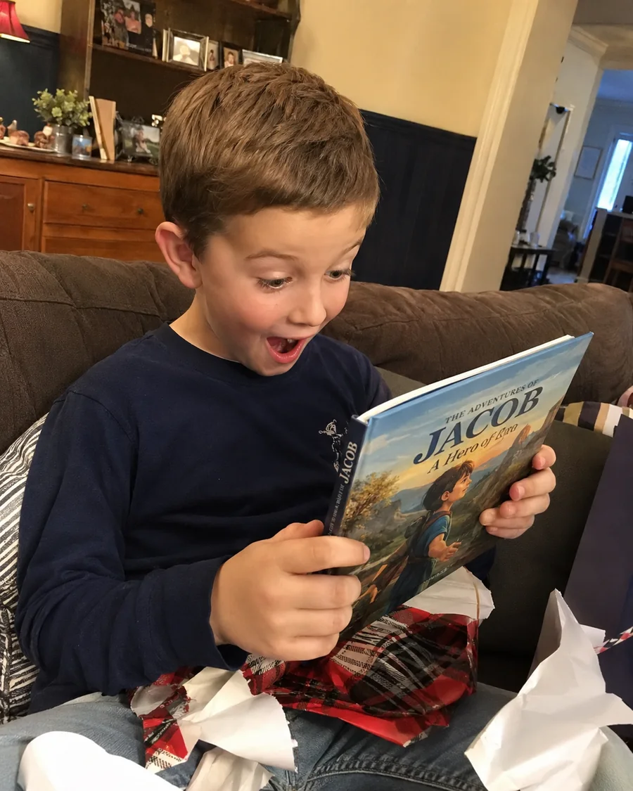 Jacob holding his personalized book