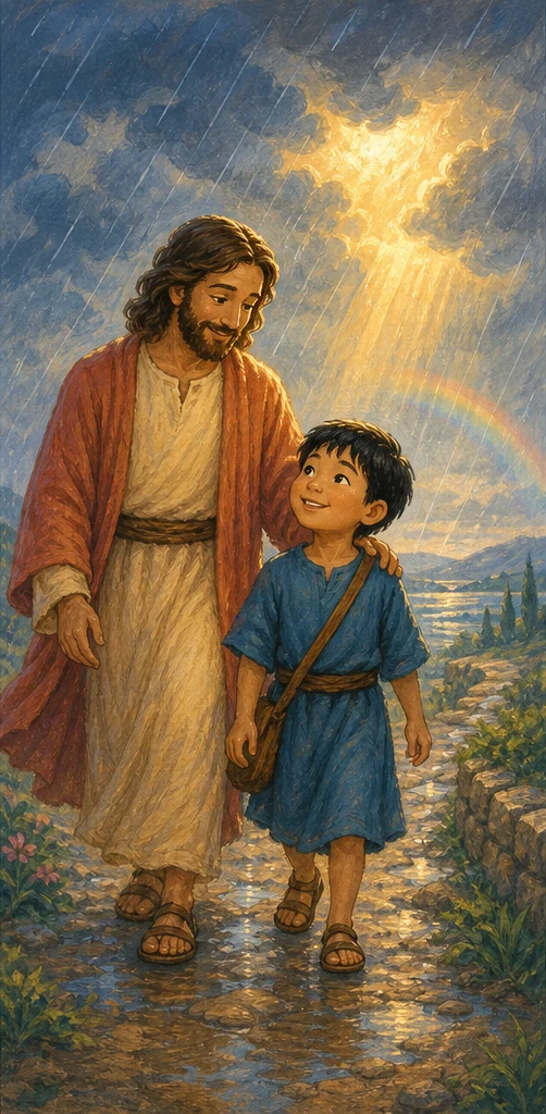 Child walking beside Jesus through a storm