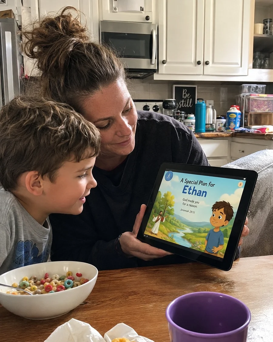Megan reading a personalized digital story with her son