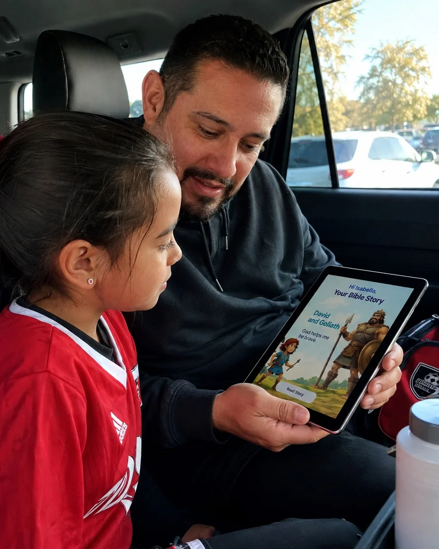 Daniel reading a personalized digital story with his child