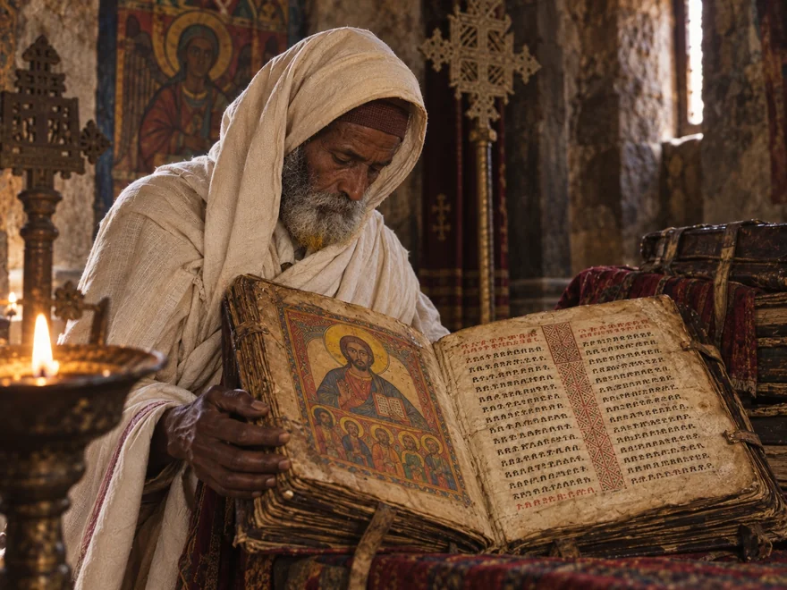 Hombre leyendo un libro etíope antiguo