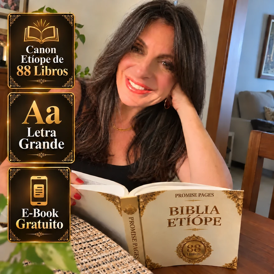 Lectora sosteniendo la Biblia Etíope impresa, con tapa de 88 libros